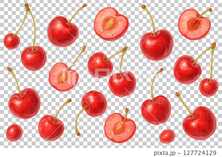 PNG watercolor set of sweet red cherries whole and halved isolated on transparent background. Concept of summer fruit, healthy food ingredient, botanical clip art for design and packaging 127724129