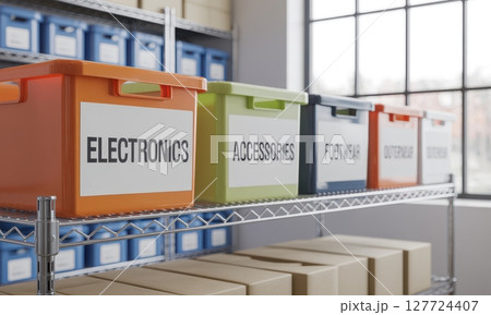 Colorful labeled storage bins on shelves in a retail warehouse stockroom 127724407