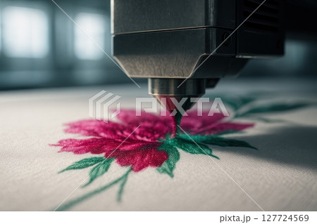 Advanced textile printing machine creating a vibrant pink flower design on white fabric with precision 127724569