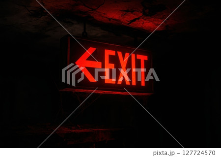 Glowing red exit sign with left arrow in a dark, abandoned, and dimly lit building 127724570