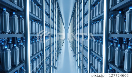 Futuristic automated storage facility with rows of sleek silver cylindrical containers Futuristic automated storage facility with rows of sleek silver cylindrical containers 127724603
