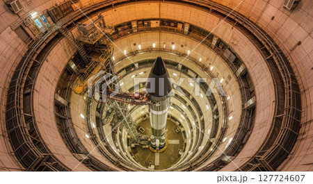Massive intercontinental ballistic missile inside a deep concrete launch silo, viewed from above 127724607