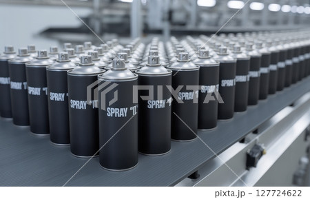 Numerous matte black aerosol spray cans with chrome caps moving on a factory production line 127724622