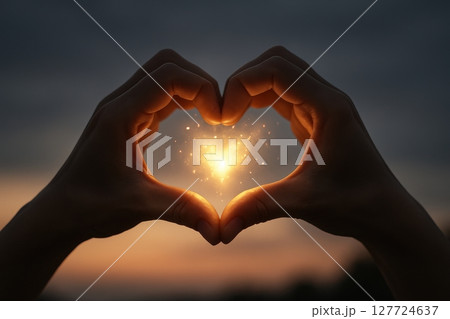Adult hands forming a heart shape with glowing light at sunset, symbolizing love and care 127724637