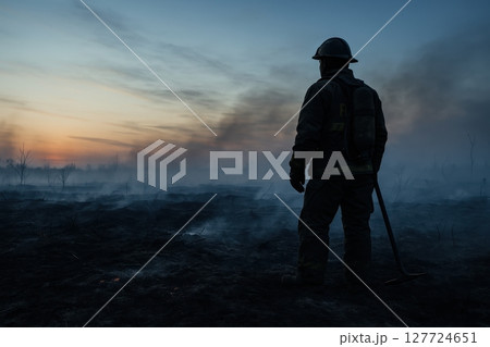 Brave firefighter surveys the smoky aftermath of a devastating wildfire at sunset Brave firefighter surveys the smoky aftermath of a devastating wildfire at sunset 127724651