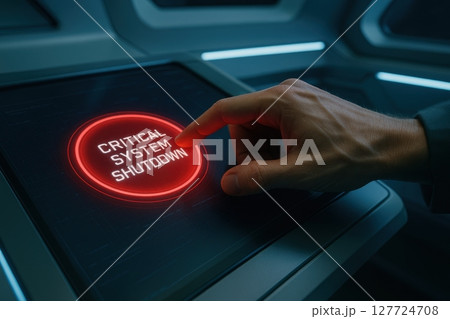 Male hand pressing a glowing red critical...のイラスト素材 [127724708] - PIXTA