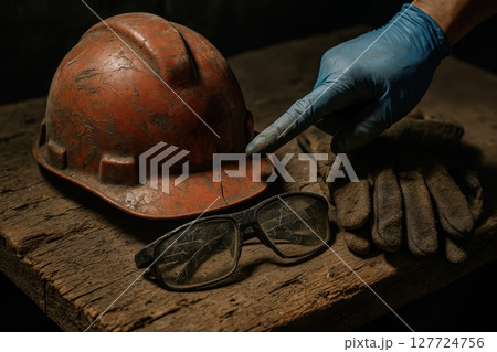 Worn orange hard hat, broken safety glasses, and work gloves on wood with a gloved hand pointing. 127724756