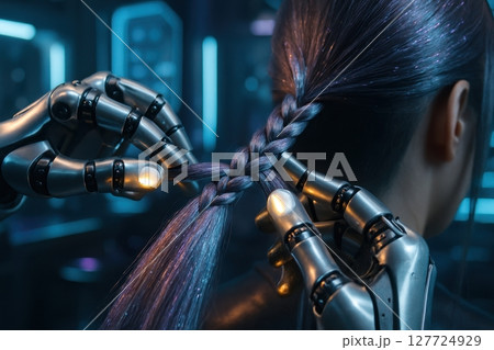 Hyper realistic robotic hands delicately braiding shimmering purple hair in a futuristic salon 127724929