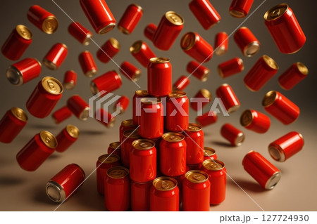 Dynamic arrangement of red soda cans with gold tops, some stacked in a pyramid, others floating 127724930