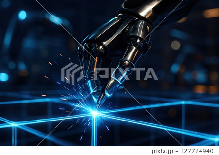 Futuristic robotic hand welding glowing blue energy lines in a high tech environment 127724940