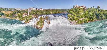 Panorama of Rhine Falls and Schloss Laufen in Schaffhausen Panorama of Rhine Falls and Schloss Laufen in Schaffhausen 127725029