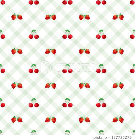 Abstract soft green diagonal lines  or diamond shapes and red cherries and strawberries seamless pattern design on white background, for background, wallpaper or printing. 127725279