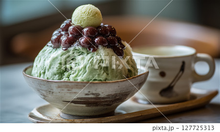 抹茶味のふわふわかき氷に抹茶アイスと粒あんがのって和カフェで提供されている 127725313