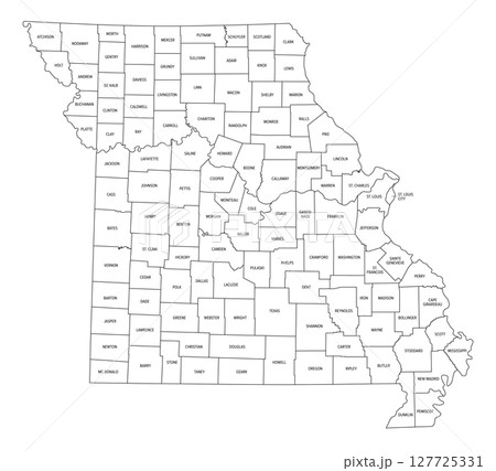 State of Missouri, subdivided into 114 counties and independent city of St. Louis, political map. State in the Midwestern region of the United States, nicknamed Show Me State, and Mother of the West. State of Missouri, subdivided into 114 counties and independent city of St. Louis, political map. State in the Midwestern region of the United States, nicknamed Show Me State, and Mother of the West. 127725331