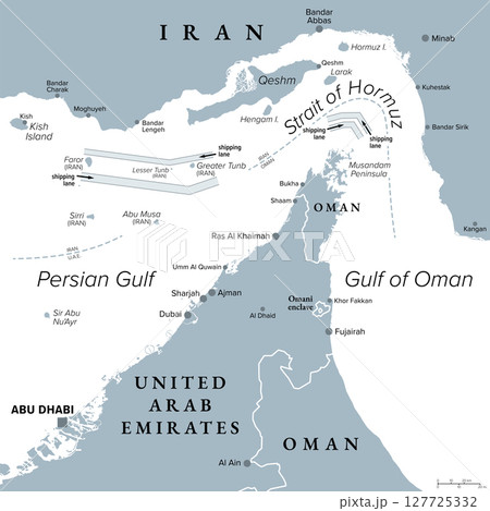 Strait of Hormuz, gray political map. Only sea passage from the Persian Gulf to the open ocean. One of the most strategically important choke points of the world for trading oil and natural gas. Strait of Hormuz, gray political map. Only sea passage from the Persian Gulf to the open ocean. One of the most strategically important choke points of the world for trading oil and natural gas. 127725332