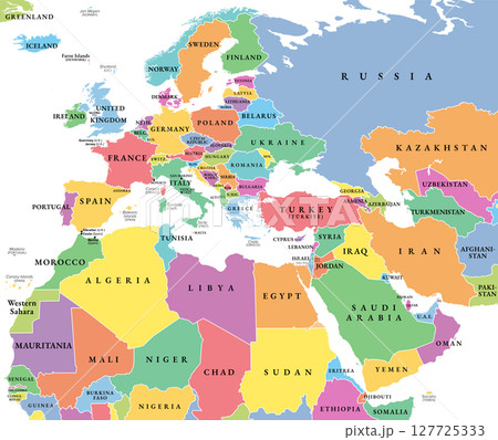 Europe, Middle East, and North Africa, multi colored political map. Overview of the continent Europe, the geopolitical region Middle East, and the northern portion of the African continent. Vector Europe, Middle East, and North Africa, multi colored political map. Overview of the continent Europe, the geopolitical region Middle East, and the northern portion of the African continent. Vector 127725333