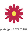 Red flower with a yellow center on a white background in flat cartoon style. Vector illustration. 127725402