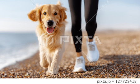 Golden retriever running with female person on beach in morning light 127725418