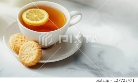 Cup of black tea with lemon slice served on a saucer with two shortbread cookies on a white marble surface. Warm and cozy drink. Simple teatime. Cup of black tea with lemon slice served on a saucer with two shortbread cookies on a white marble surface. Warm and cozy drink. Simple teatime. 127725471
