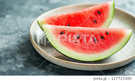 Two fresh watermelon slices with juicy red flesh and visible seeds served on a ceramic plate. Perfect summer fruit with vibrant color. Refreshing and healthy. 127725480