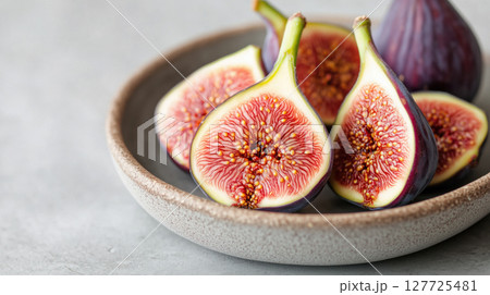Ripe figs sliced in half and arranged on a ceramic plate, showcasing their intricate red interior and seeds. Exotic and nutritious fruit. Natural elegance. Ripe figs sliced in half and arranged on a ceramic plate, showcasing their intricate red interior and seeds. Exotic and nutritious fruit. Natural elegance. 127725481