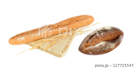 Bread and baguette isolated on white background. Collage. Free space for text. 127725547