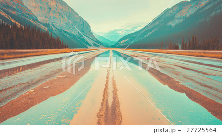 Vibrant rural road reflection with mountain backdrop at sunrise 127725564