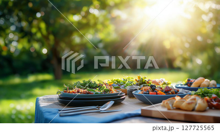 Outdoor garden picnic with fresh salads, sunlit spread on wooden table in lush greenery 127725565