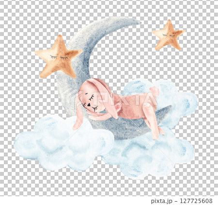Watercolor cute rabbit sleeps on moon with clouds and stars. Hand drawn illustration in vintage style. Watercolor cute rabbit sleeps on moon with clouds and stars. Hand drawn illustration in vintage style. 127725608