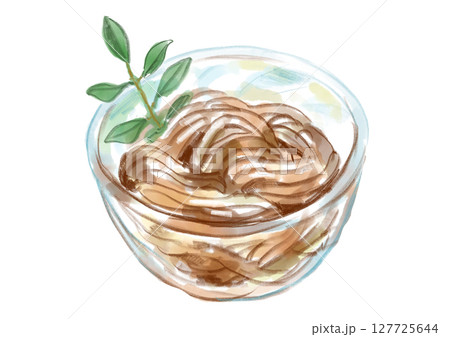 涼しげで美味しそうな和菓子のくずきりの手描き水彩イラスト 涼しげで美味しそうな和菓子のくずきりの手描き水彩イラスト 127725644