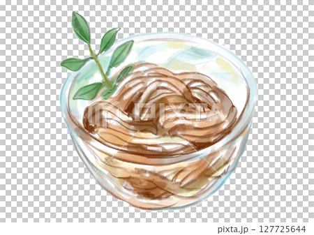 涼しげで美味しそうな和菓子のくずきりの手描き水彩イラスト 涼しげで美味しそうな和菓子のくずきりの手描き水彩イラスト 127725644