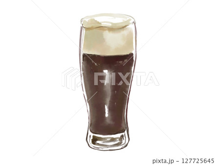 美味しそうな透き通ったビアグラスに入った黒ビールの手描き水彩イラスト 127725645