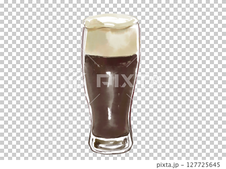 美味しそうな透き通ったビアグラスに入った黒ビールの手描き水彩イラスト 127725645