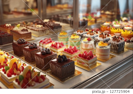 ショーケースに並んだケーキ（スイーツ・デザート・洋菓子） 127725904