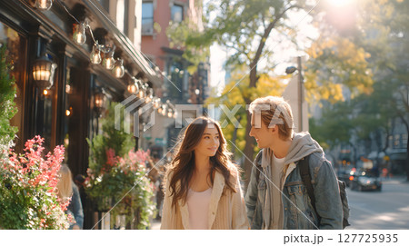 Lifestyle couple autumn street travel happy young couple walking in a New York. street in autumn. Cinematic light and warm tone perfect for travel and lifestyle visuals. 127725935