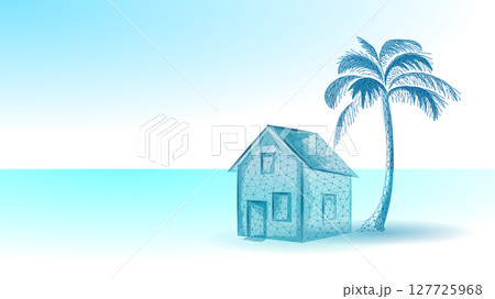 House with palm tree concept. Home near tropical plant beach resort illustration in wireframe style. Real estate vacation holiday summer advertisement. Blue gradient background low poly vector 127725968