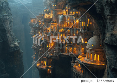 The intricate facade of a castle carved into sandstone cliffs. The mystical fairytale castle is illuminated from within. Generated by artificial intelligence 127726063