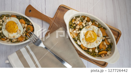 Recipe for kale, carrot and garlic poellee, chopped hazelnuts, cashews and almonds, and fried egg Recipe for kale, carrot and garlic poellee, chopped hazelnuts, cashews and almonds, and fried egg 127726442