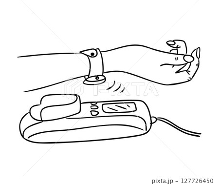 Contactless payment with smart wristband and wireless terminal drawn in simple black line style Contactless payment with smart wristband and wireless terminal drawn in simple black line style 127726450