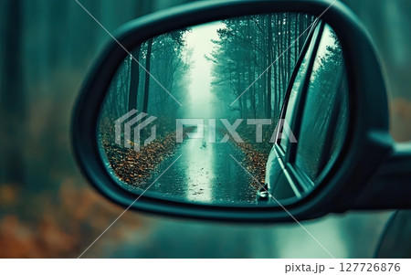 Moody autumn drive through misty forest seen in side view mirror 127726876