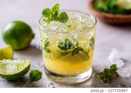 Refreshing Mojito. A vibrant mojito cocktail with lime, mint, and ice 127726967