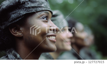 A group of young soldiers gathers in a forest location, displaying smiles and camaraderie while participating in training exercises. Their expressions capture a sense of teamwork and determination. 127727015