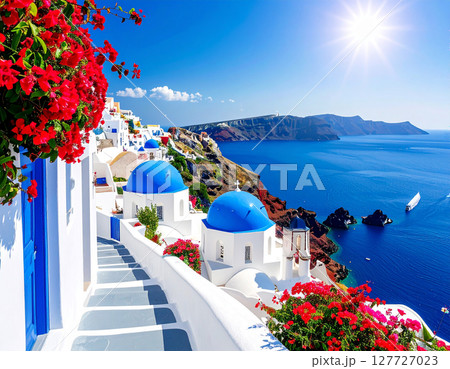 サントリーニ島の白い街並みとエーゲ海の絶景 サントリーニ島の白い街並みとエーゲ海の絶景 127727023