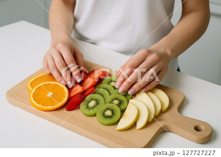 Woman arranging sliced fresh fruits on wooden cutting board in kitchen. Concept of healthy eating, food preparation, clean eating, colorful natural ingredients 127727227