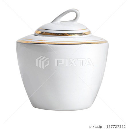 White porcelain sugar bowl with gold trim on transparent background White porcelain sugar bowl with gold trim on transparent background 127727332
