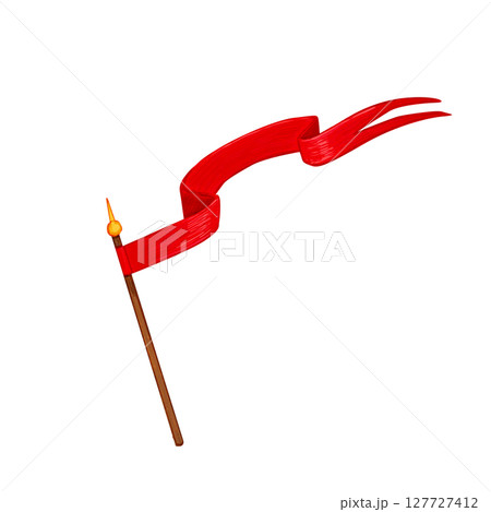 Red medieval style flag on a wooden pole with a golden tip. Watercolor illustration with flowing ribbon shape. Ideal for fantasy themes, historical design projects, childrens books, fairytale scenes. 127727412