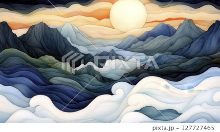 Serene mountain landscape with soft waves and clouds Serene mountain landscape with soft waves and clouds 127727465