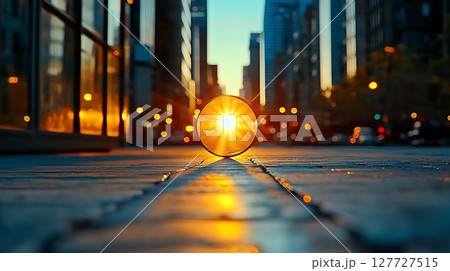 Urban sunrise glass sphere reflecting golden light wet city street 127727515
