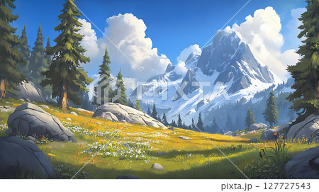 Vibrant alpine meadow with snow capped peaks under sunny sky Vibrant alpine meadow with snow capped peaks under sunny sky 127727543