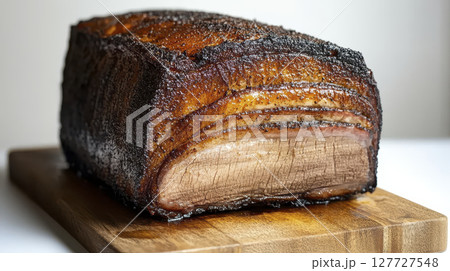 Smoked bacon on wooden board, glistening and appetizing 127727548